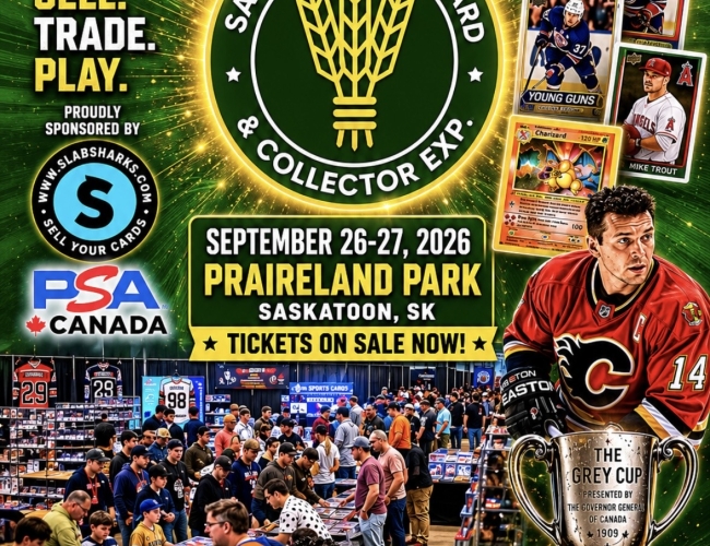 Event poster describing Theo fleury signing, grey cup appearance, pokemon tournament 