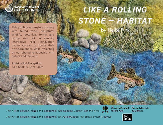 A horizontal card describing the exhibition. The background image is a felted artwork by artist Heike Fink, of salmon swimming in a river.