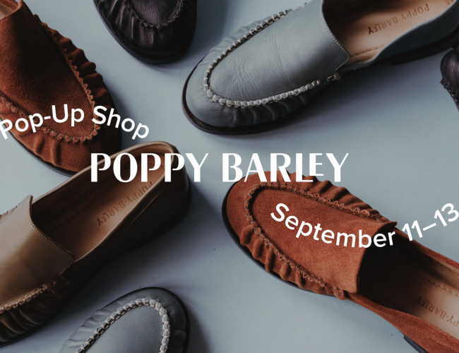 An overhead view of various leather and suede loafers surrounding white text that reads, "Pop-Up Shop, POPPY BARLEY, September 11–13