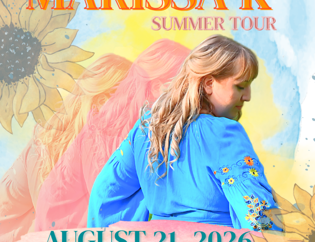 A colourful poster depicting pinks, yellows, blues, and oranges like paint splots and decorated with sunflowers around the edge. Text reads "Art Bar Saskatoon, 229 st W  MARISSA K summer tour August 21, 2026 7:00-pm-8:30pm $15 in advance PRICE DROP from $25 to $20 at the door Tickets available at www.artbartheatre.com"