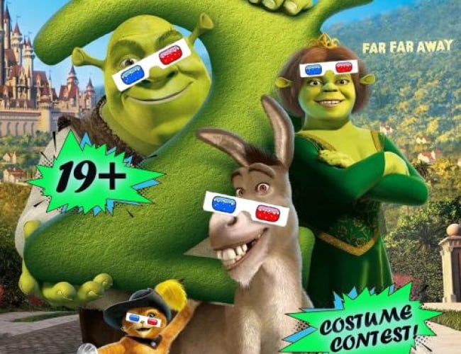 Image of the main characters of Shrek 2, including Shrek, Fiona, Puss in Boots and Donkey, all posing.