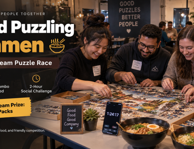 Team of 4 racing the clock to complete a 500 piece puzzle with ramen bowls and ramen packs on the side