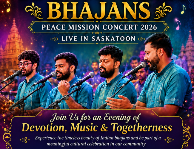 Promotional poster for Nandagovindam Bhajans – Peace Mission Concert 2026, presented by Tatvamasi Malayalee Samithi. Features four Indian devotional singers. The event takes place on Friday, September 25, 2026, at 6:00 PM at Lakeview Church Auditorium, Saskatoon.