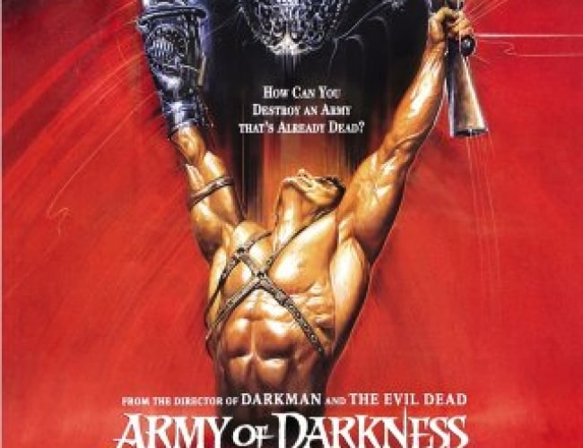 Image of a shirtless man with abbs holding up weapons and looking up, with a skull like supposedly evil entity floating above.