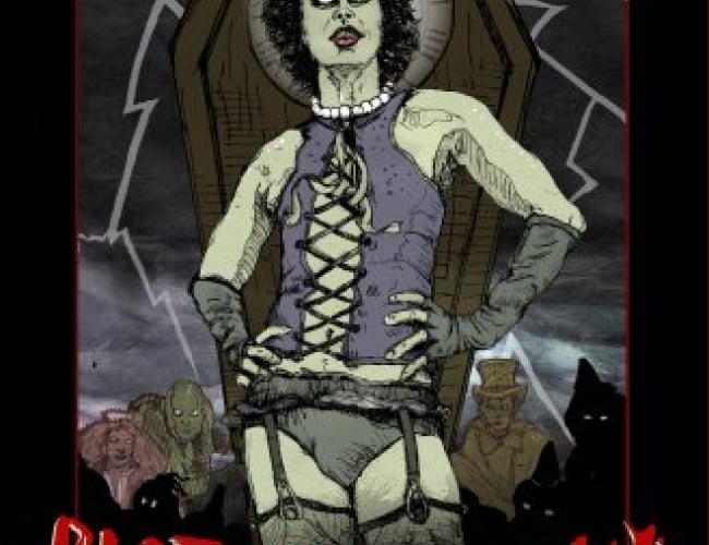 Graphic image of Tim Curry as Dr.Frank-N-Furter from Rocky Horror Picture Show, in front of the coffin clock.