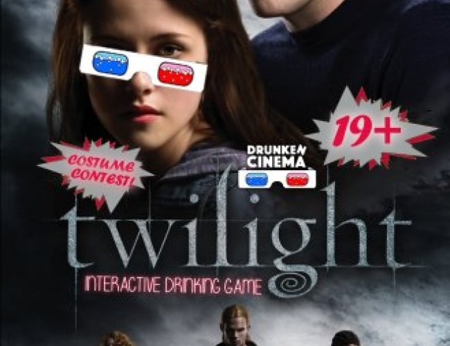 Image of the actors from the movie Twilight, with them all posing and looking intense while wearing beer googles.