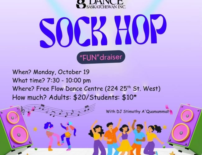 A group of people dancing surrounded by lights and music. Sock Hop FUN-draiser Oct 19, 7:30-10:00 pm