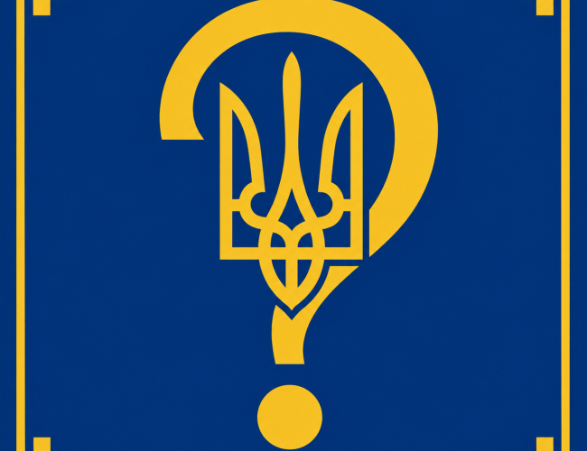 Promo image: traditional Ukrainian flag blue and yellow colours with the national tryzub (trident) symbol, and question mark in the middle