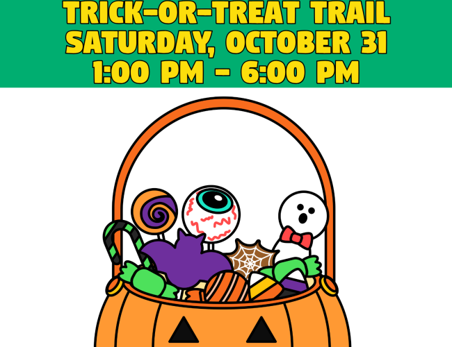Ghouls & Goodies on Broadway Trick-or-Treat Trail poster happening Saturday, October 31, 1:00 PM - 6:00 PM. Image is of a jack-o-latern candy pail pul of spooky looking Halloween themed treats and shapes. 