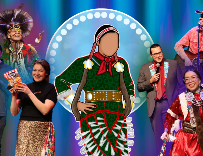 Cutouts of 2025 performers surround an illustration of a jingle dress dancer in the center.