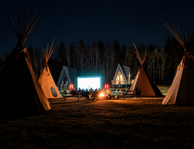 A night time photo with four tipis illuminated by a fire, and outdoor movie screen with people seated infront. Lodges with large triangular windows illuminated from indoors. 