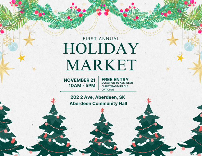 Banner that says "First Annual Holiday Market, November 21 10am-5PM, Free entry, donation to Aberdeen Christmas Miracle optional" with stars and christmas tree surrounding it