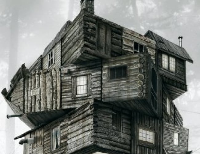 Image of a wood cabin twisted around like a rubix cube.