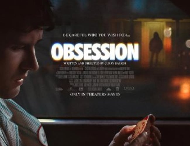 Image of a man reading a box in his car, and a silhouette watching in the doorway of a house in the back.