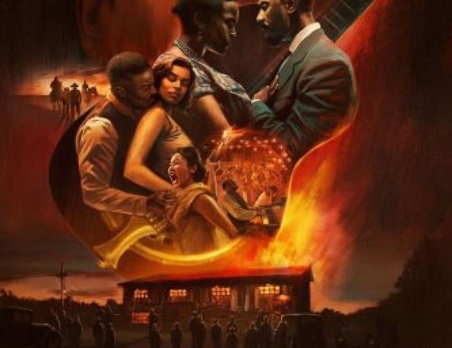Image mashup from the movie Sinners, with Michael B. Jordan (ina duo role) dancing with both lead actresses and a guitar shaped around them and someone with red eyes.