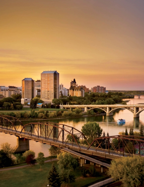 Saskatoon city skyline at dusk with a beautiful sunset