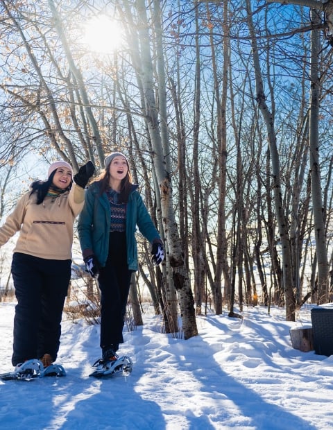 Two individuals in the woods tossing snowballs into the air