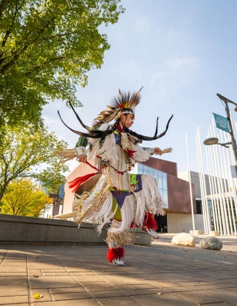 Indigenous dancer at Remai Modern