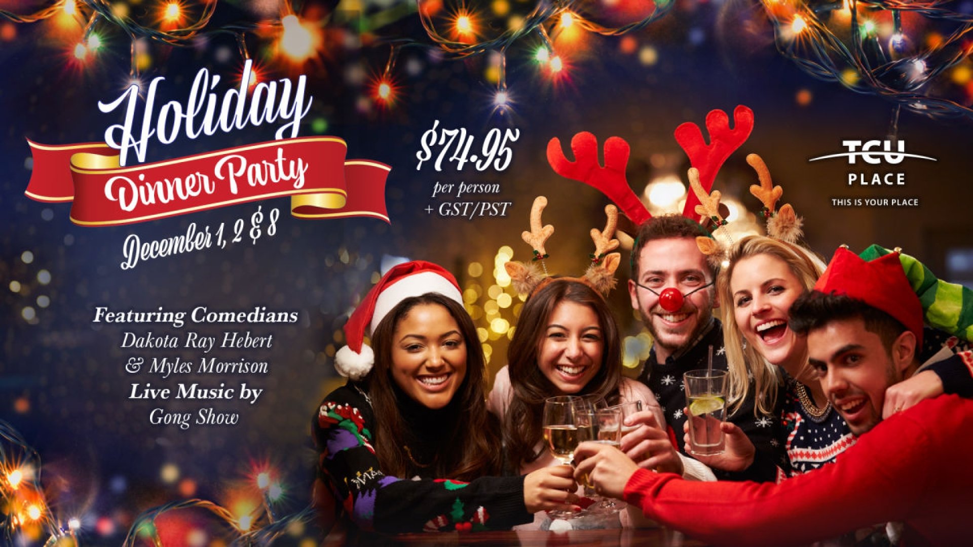 Poster for the event with individuals wearing reindeer antlers and red noses
