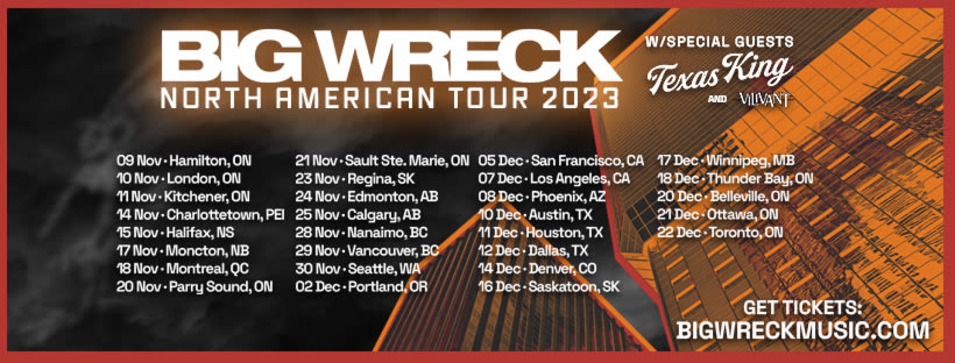 Poster for the event featuring the Big Wreck logo and a list of all cities that the band is visiting