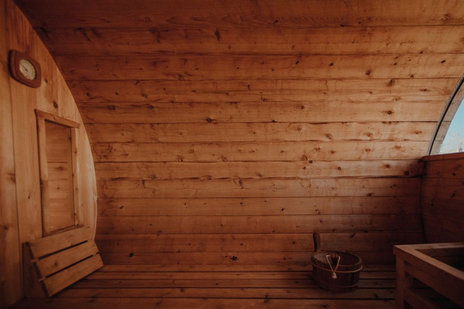 Inside of a wooden wet sauna