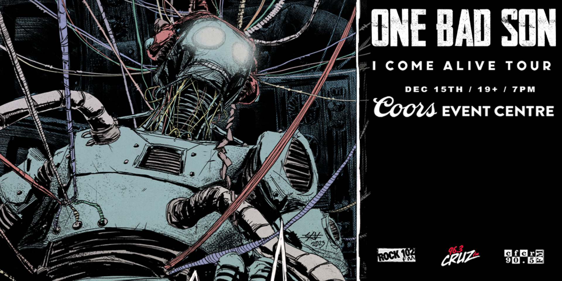 Poster for the event featuring a robot with a lot of wires coming out of it