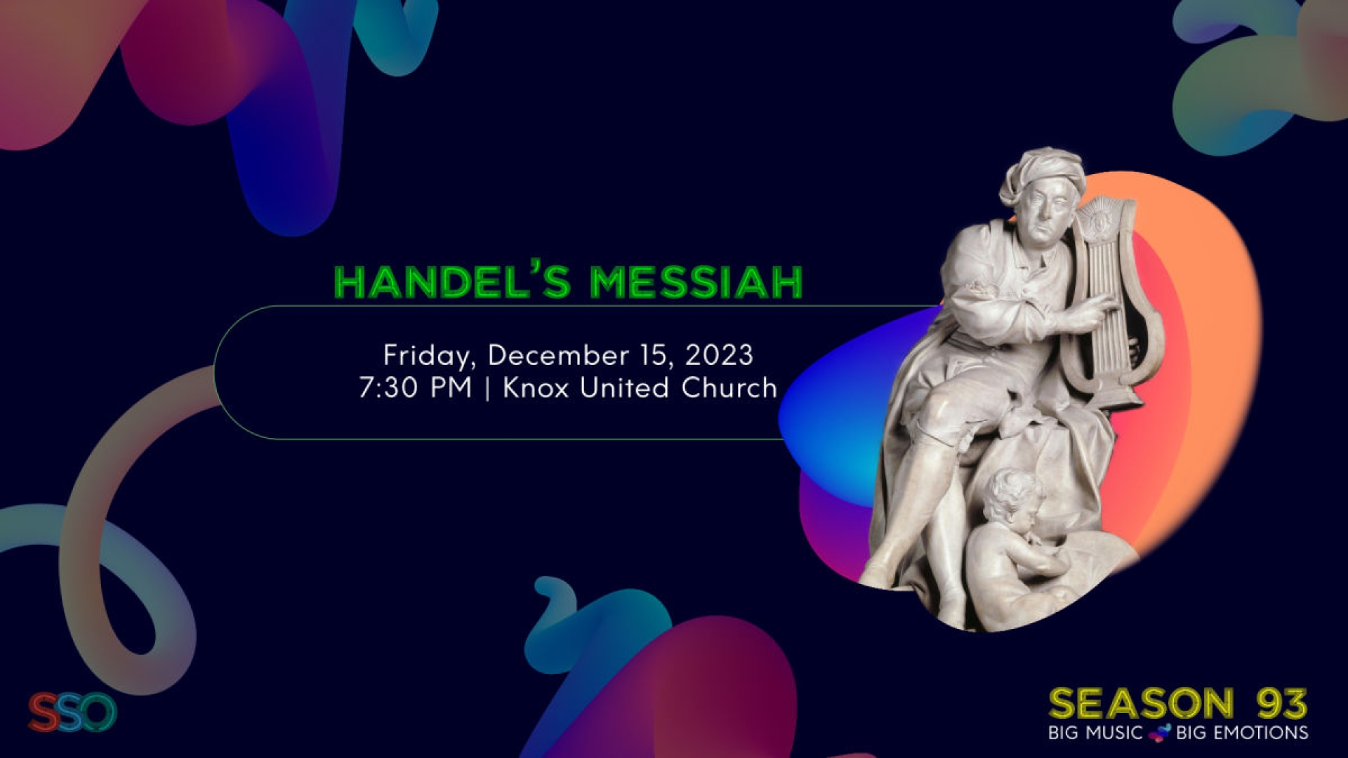 A poster for the event featuring a statue playing a harp