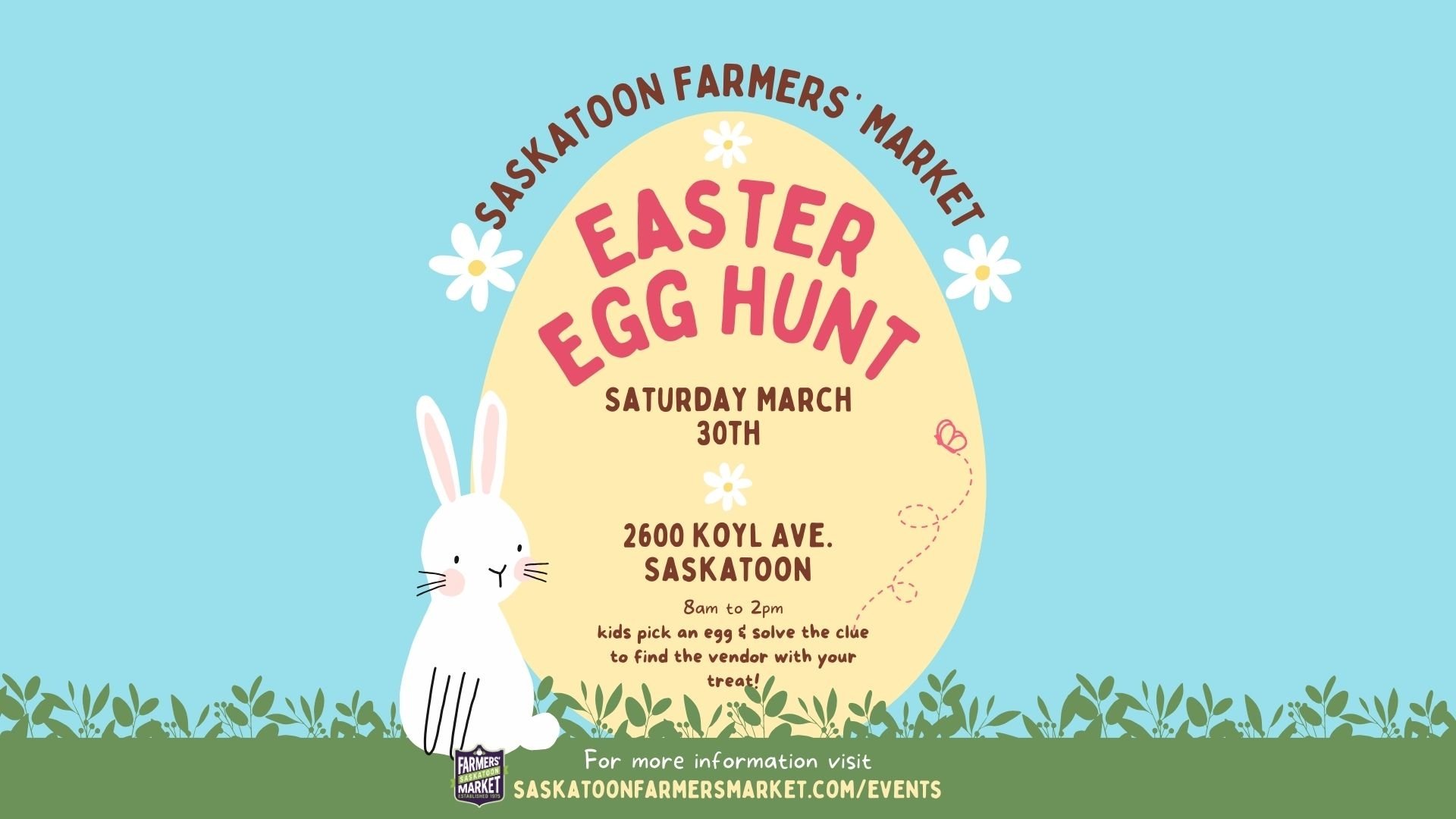 Easter bunny, grass and large Easter egg.  Says Easter Egg Hunt