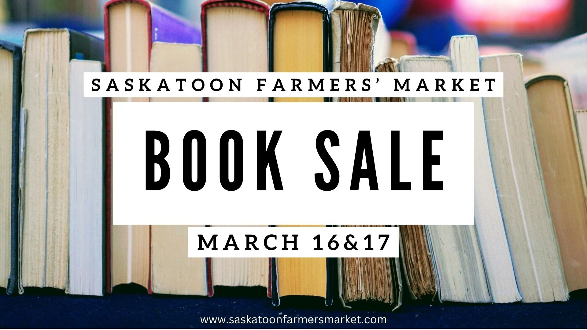 books on a shelf and white sign saying book sale March 16 &17