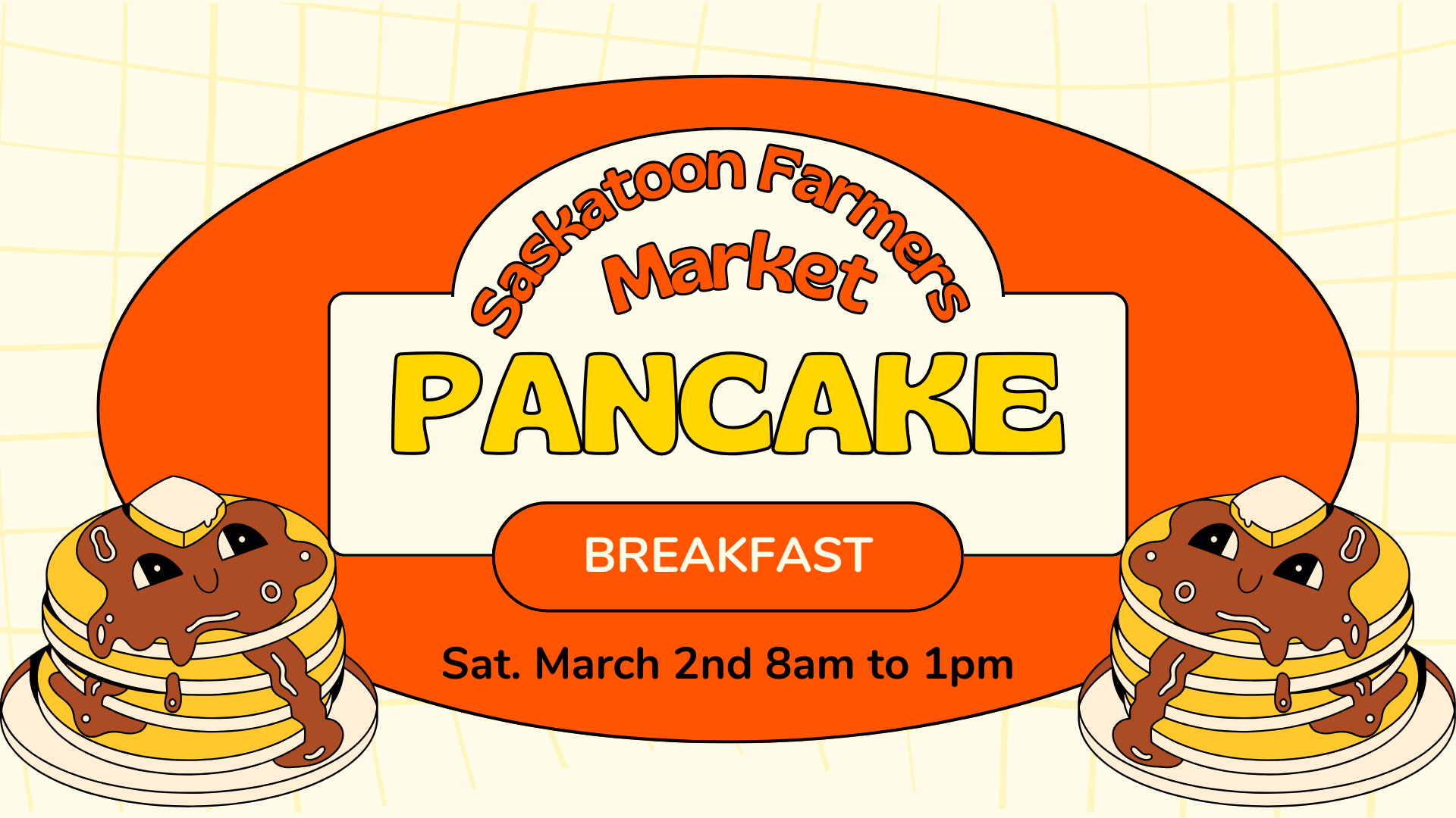 2 sets of piles of pancakes on plates with comical eyes.  sign saying pancake breakfast and date, March 2nd