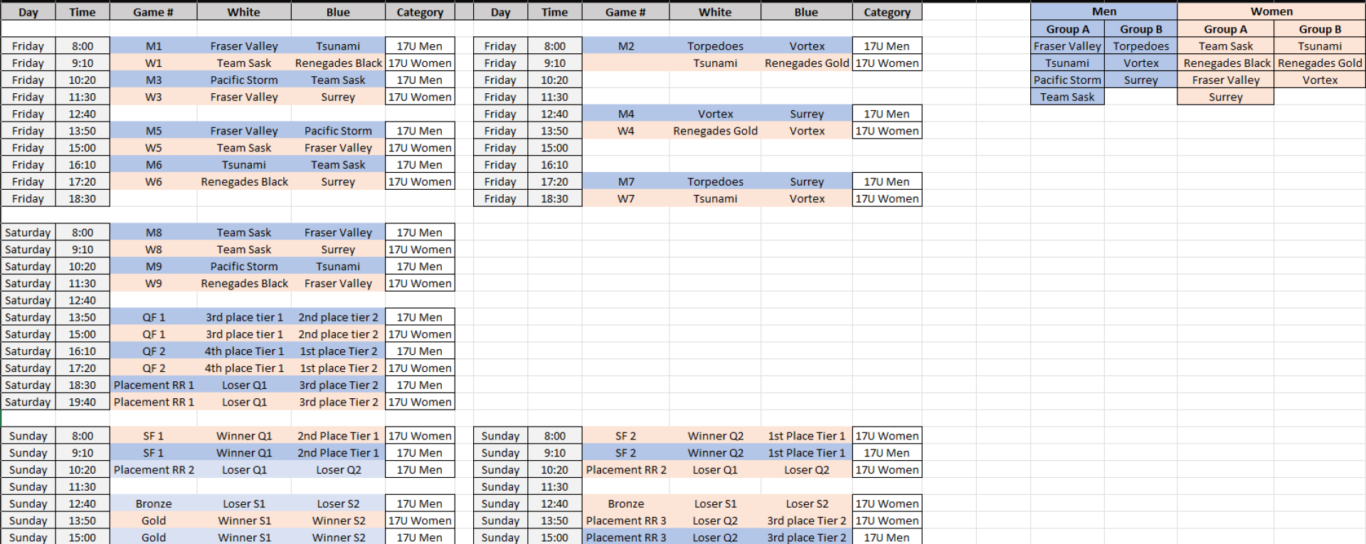 The above is the schedule for the event.  We have a PDF of the Team Sask games.  Please email fboutin@sasktel.net if you would like to post the PDF.