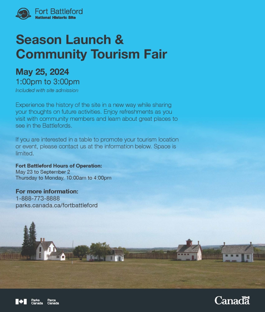 Event poster for Fort Battleford National Historic Site Season Launch and Community Tourism fair