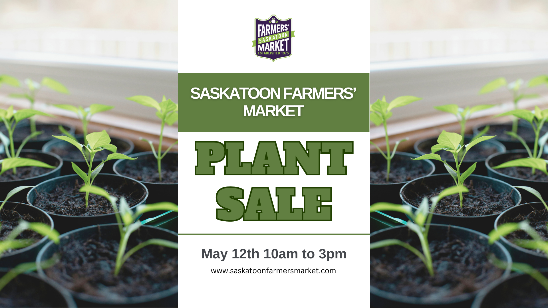 Young plant sprouting out of plant pots with Saskatoon Farmers' Market Plant Sale May 12th 10am to 3pm written in the middle