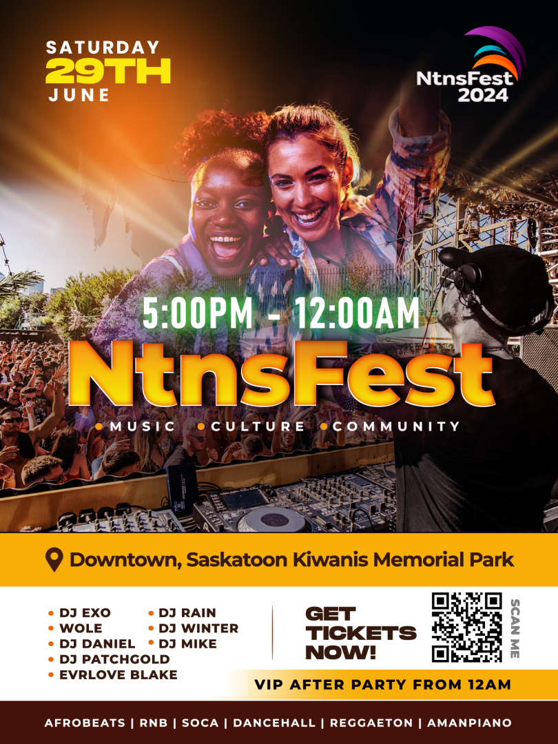 The image is a vibrant and colorful poster for "NtnsFest 2024," scheduled for Saturday, June 29th, from 5:00 PM to 12:00 AM at Downtown, Saskatoon Kiwanis Memorial Park. The poster features two smiling individuals enjoying the event, a DJ performing, and a lively crowd in the background.