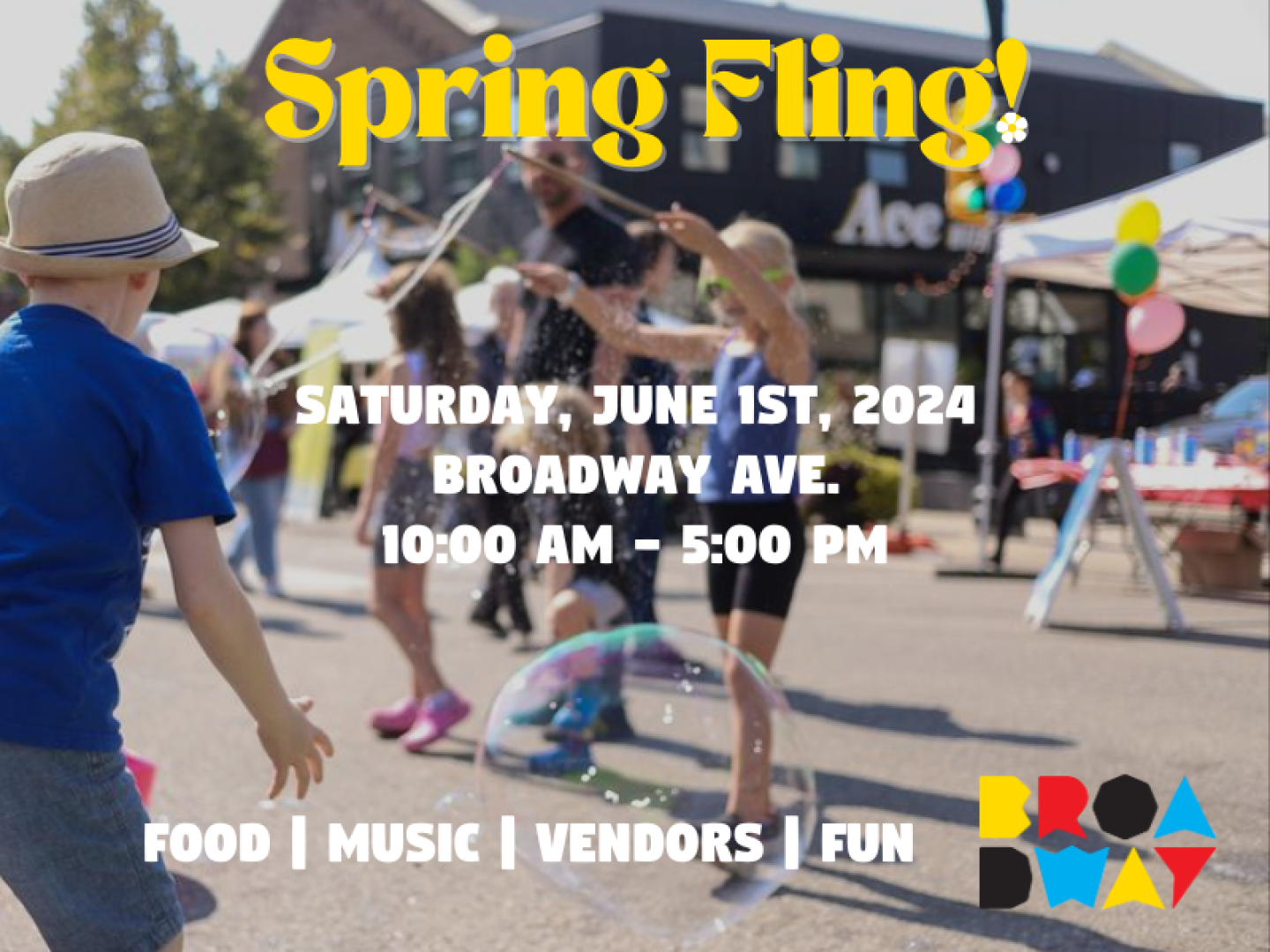 Join us Saturday, June 1st from 10:00 AM to 5:00 PM for this year’s Spring Fling! Save the date and plan to attend this fun and festive adventure for all ages. Watch as Broadway is once again transformed into an exciting array of sidewalk sales, music and dance, performers, food and art vendors, and much more.Watch as Broadway is once again transformed into an exciting array of sidewalk sales, music and dance, performers, food and art vendors, and much more. 