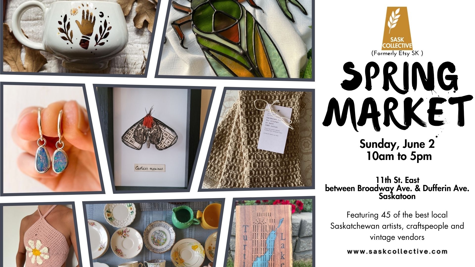pictures of various crafts including pottery, weaving, jewelry, crocheted top, glass, and woodworking on one side and the market info in script.