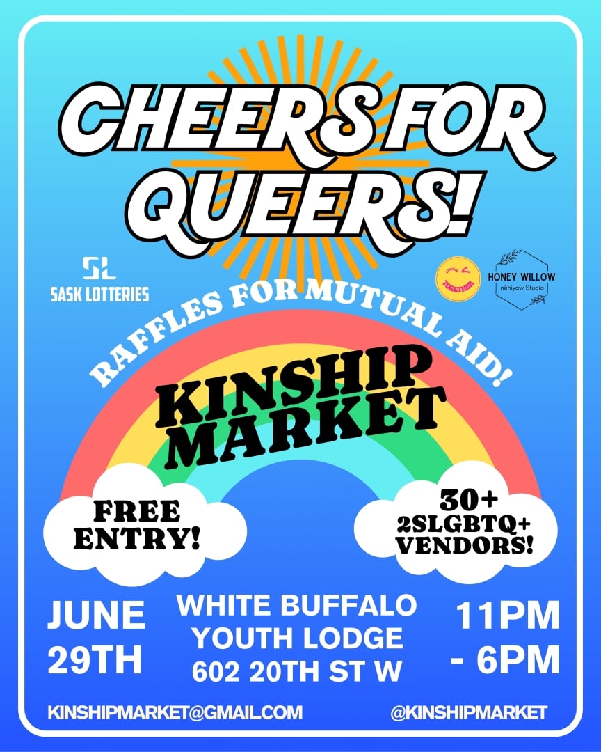 Kinship Market: "Cheers for Queers!" poster with event details listed: June 29th, 2024, White buffalo youth lodge 