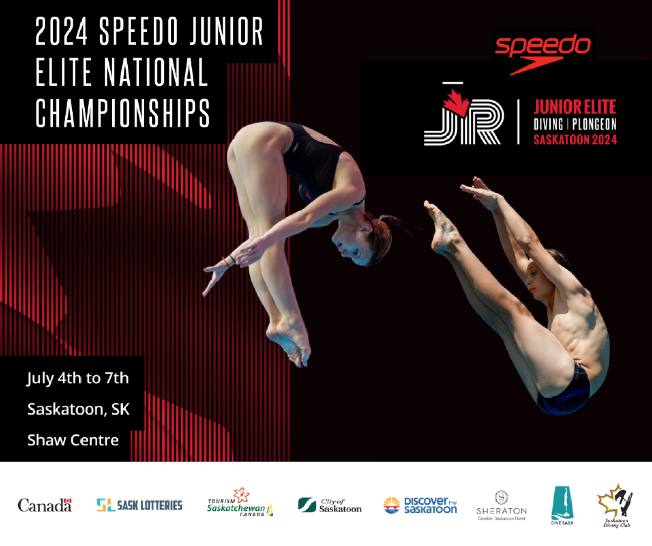 A photo of  a male and female diver, with "2024 Speedo Junior Elite National Championships", event date and location.