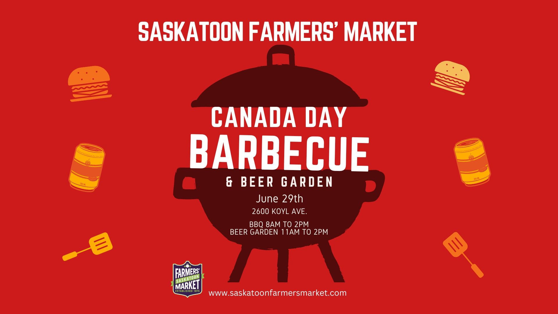 red BBQ on red background with white writing with event info.  yellow and orange burgers, beer cans and spatulas on the background