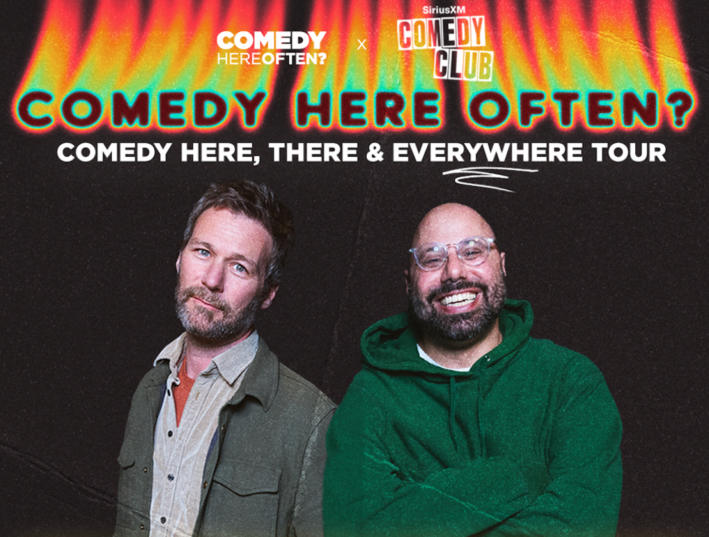 Jon Dore and Dave Merheje with tour title and logos