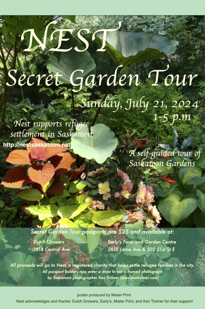 Poster for Nest Secret Garden Tour on  Sunday July 21,2024. Passports available for $25 at both Early's locations and Dutch Growers.
