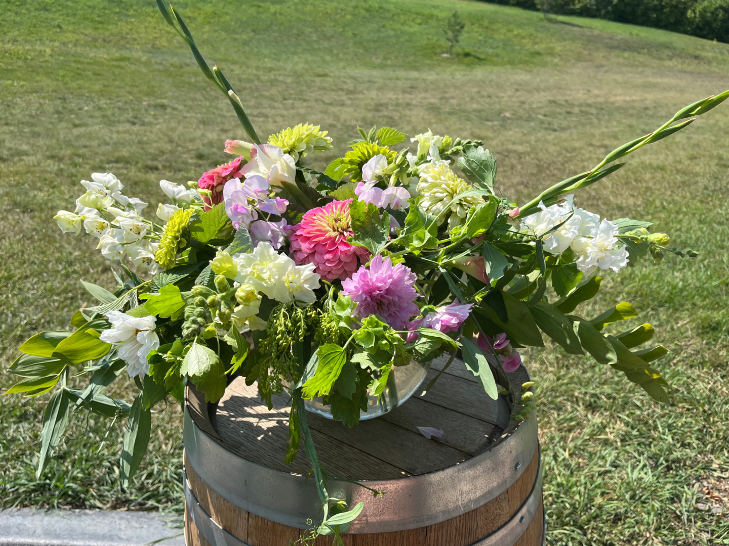 Pink flower arrangement made at the Black Fox Flower Class