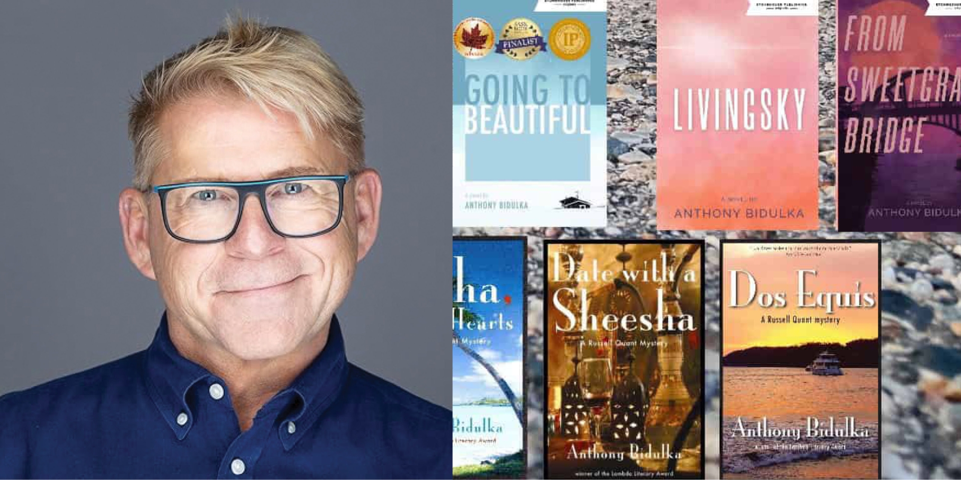 The left half of the image is a headshot of Anthony Bidulka and the right half of the image is a collage of his book covers.