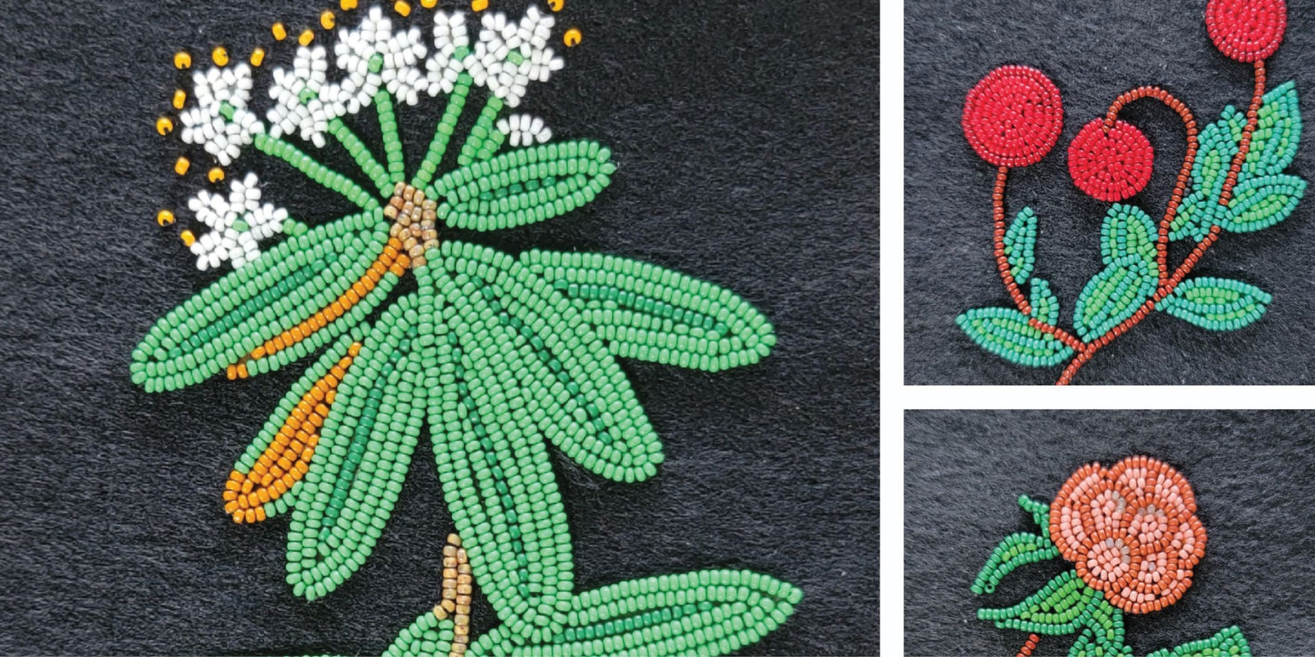 three images of traditional Indigenous bead embroidery