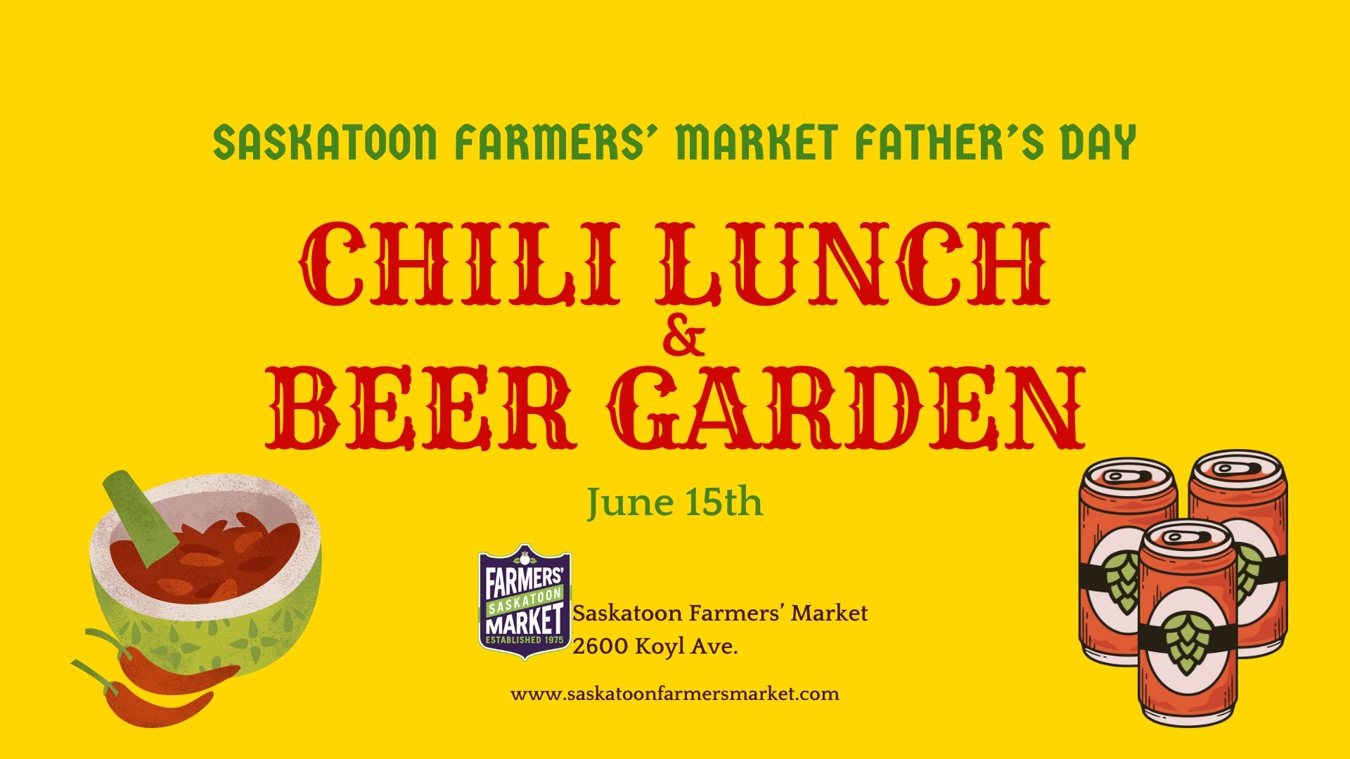 Yellow background with a picture of a bowl of chili and cans of beer with event info