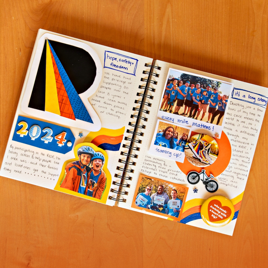 Ride for Refuge poster with an open notebook that reads 'hope, safety, and freedom", "every mile matters", and "it's a long story".
