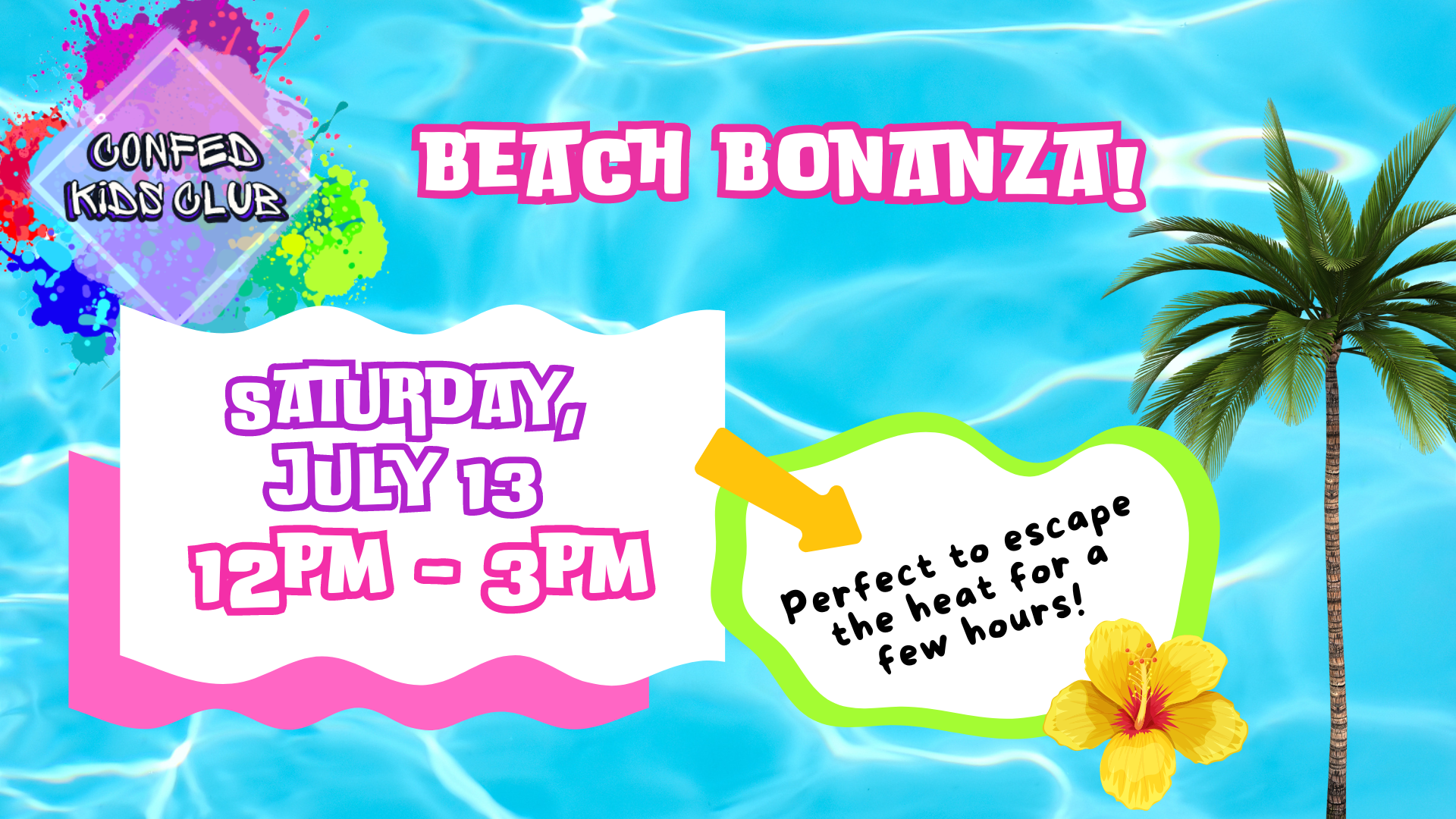 Confed kids club logo with Beach Bonanza text and images