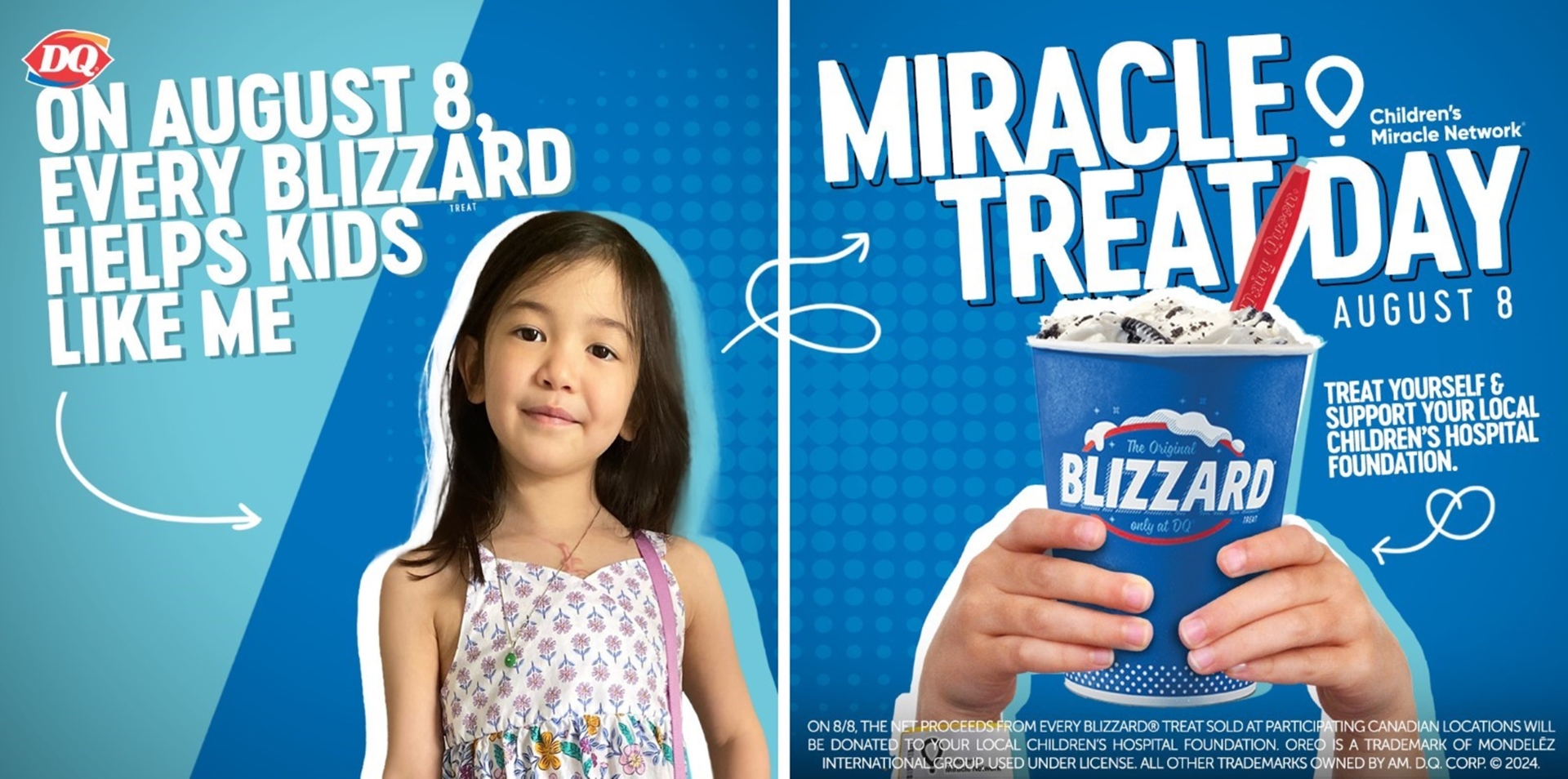 Image of  a girl with a colourful blue background. Image of hands holding a Blizzard ice cream. 