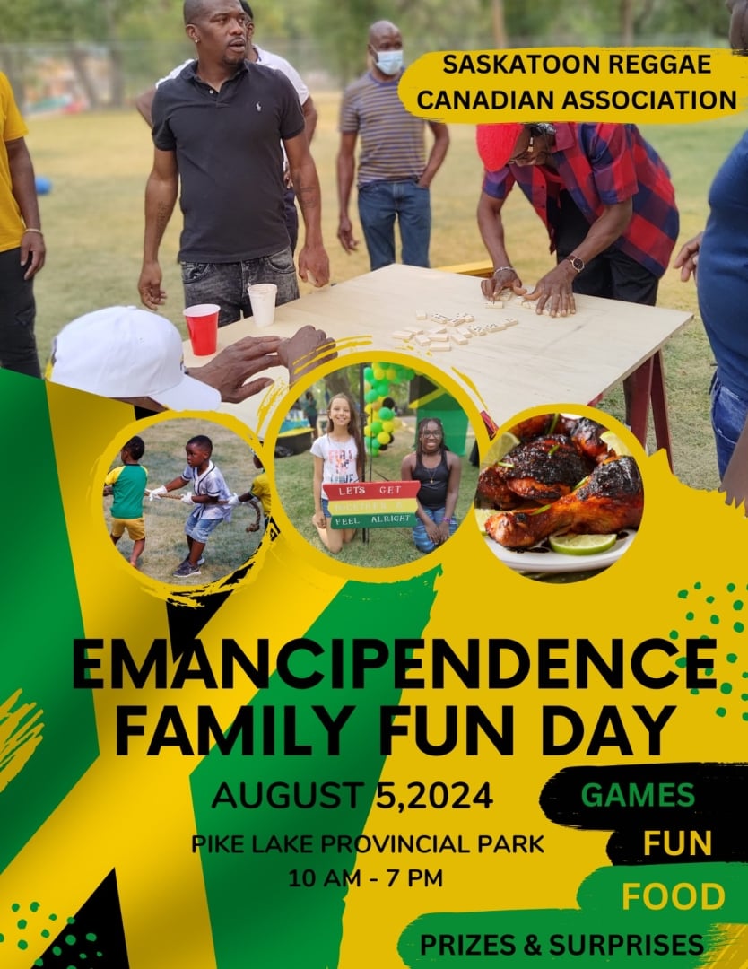 kids playing tug of war, 2 girls smiling by a sign that says lets get together and feel alright, Jamaican jerked chicken, men playing dominoes, Saskatoon Reggae Canadians invites all to our Emancipendence Family Fun Day August 5, 2024 Pike lake provincial park 10 am -7:00 pm. games, fun, food, prizes and surprises. images and words are on a background of the Jamaican flag which had diagonal gold lines that form an x. alternate green on left and right and black on top and bottom. 