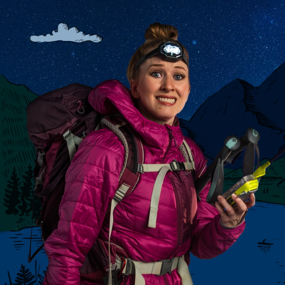 A nervous woman in full hiking gear contemplates if the decision to go on this hike was a good one.